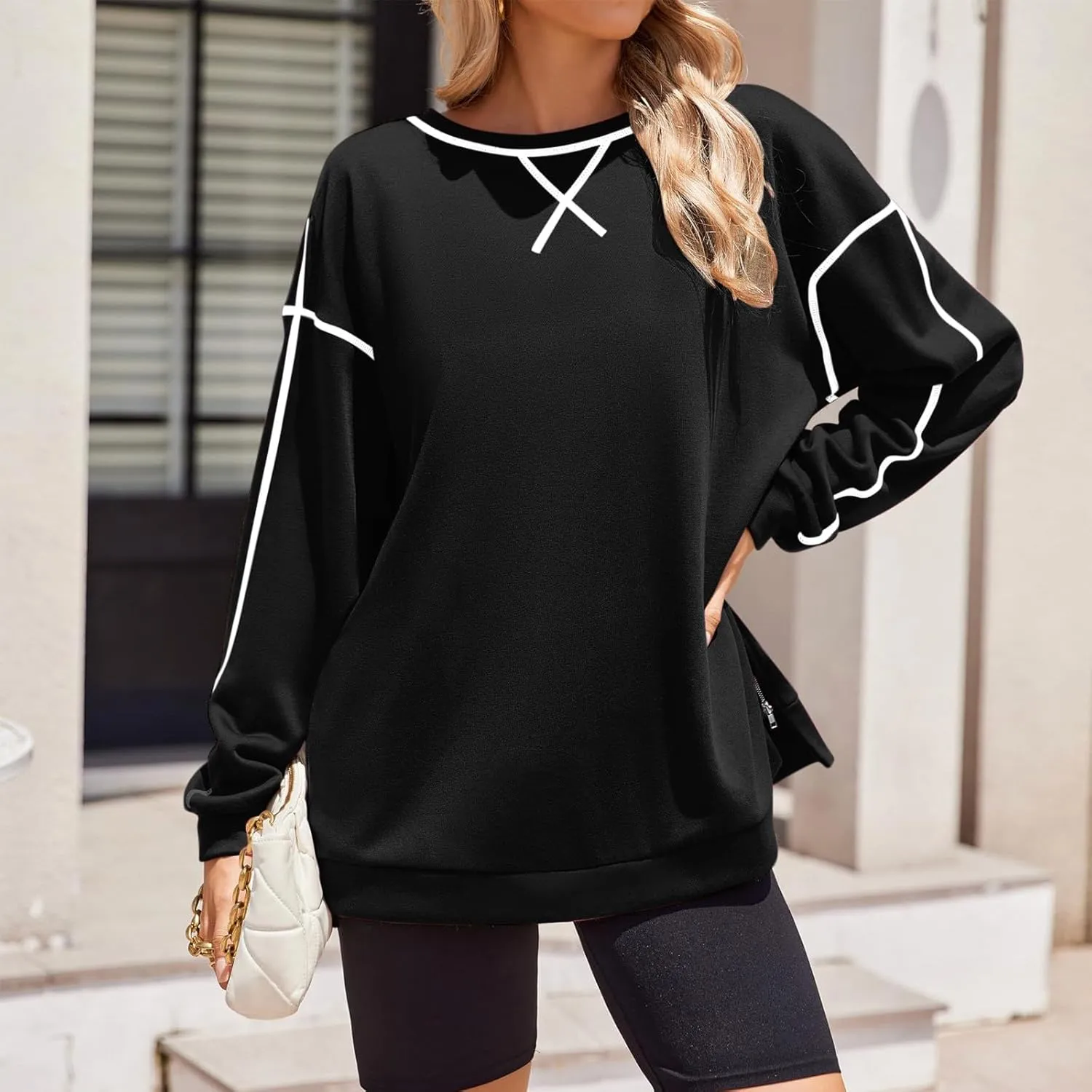 Women's Side Zipper Oversize Sweatshirts Crewneck Pullover Trendy Solid Color Long Sleeve Casual Soft Sweatshirt Tops