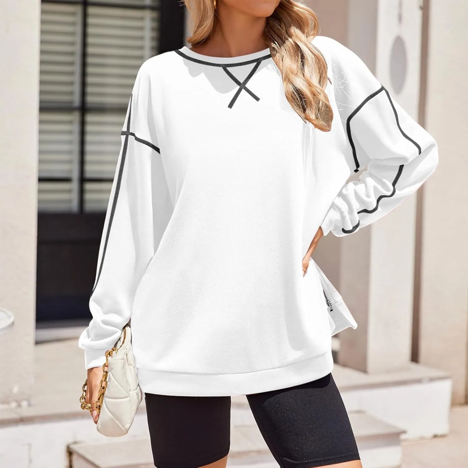 Women's Side Zipper Oversize Sweatshirts Crewneck Pullover Trendy Solid Color Long Sleeve Casual Soft Sweatshirt Tops