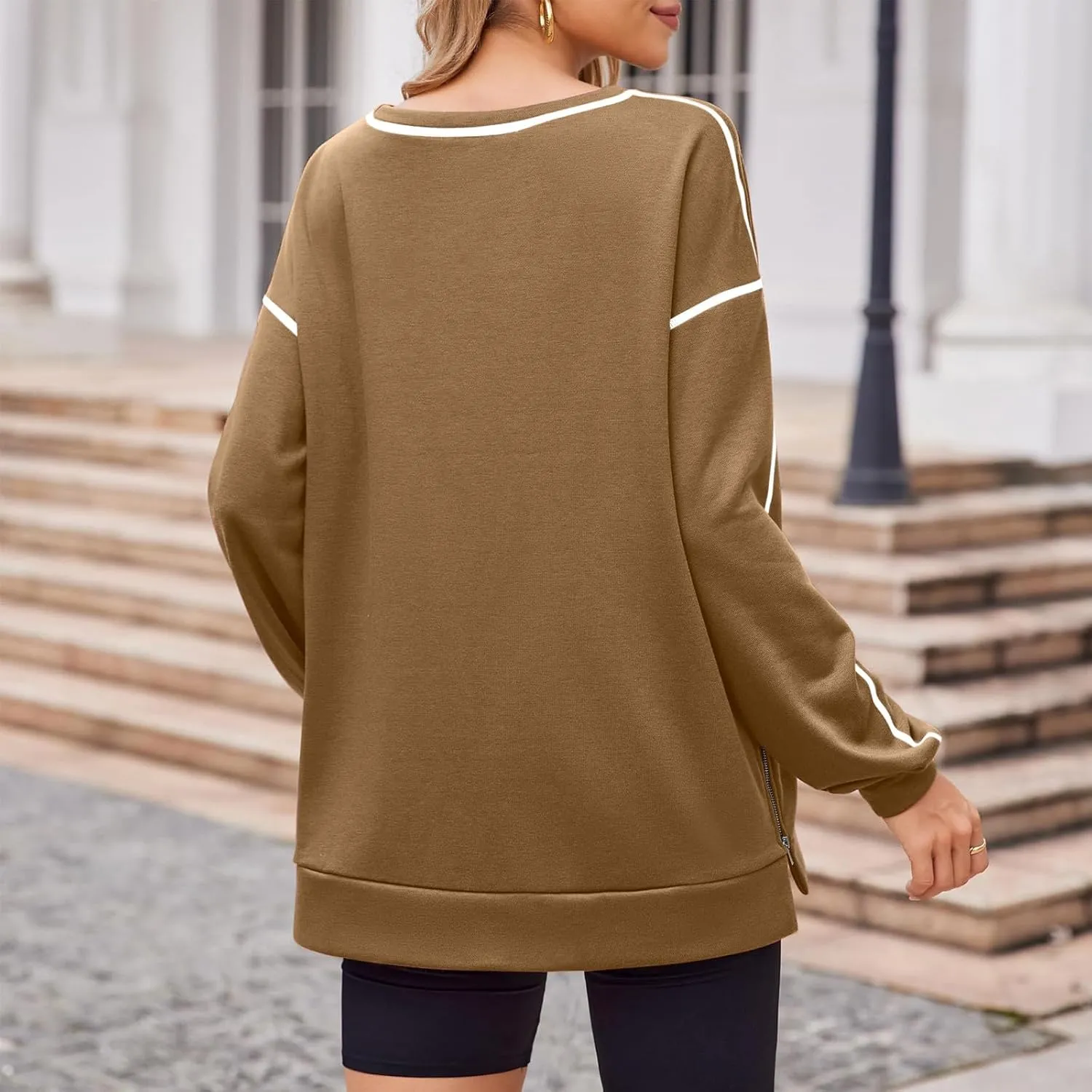 Women's Side Zipper Oversize Sweatshirts Crewneck Pullover Trendy Solid Color Long Sleeve Casual Soft Sweatshirt Tops