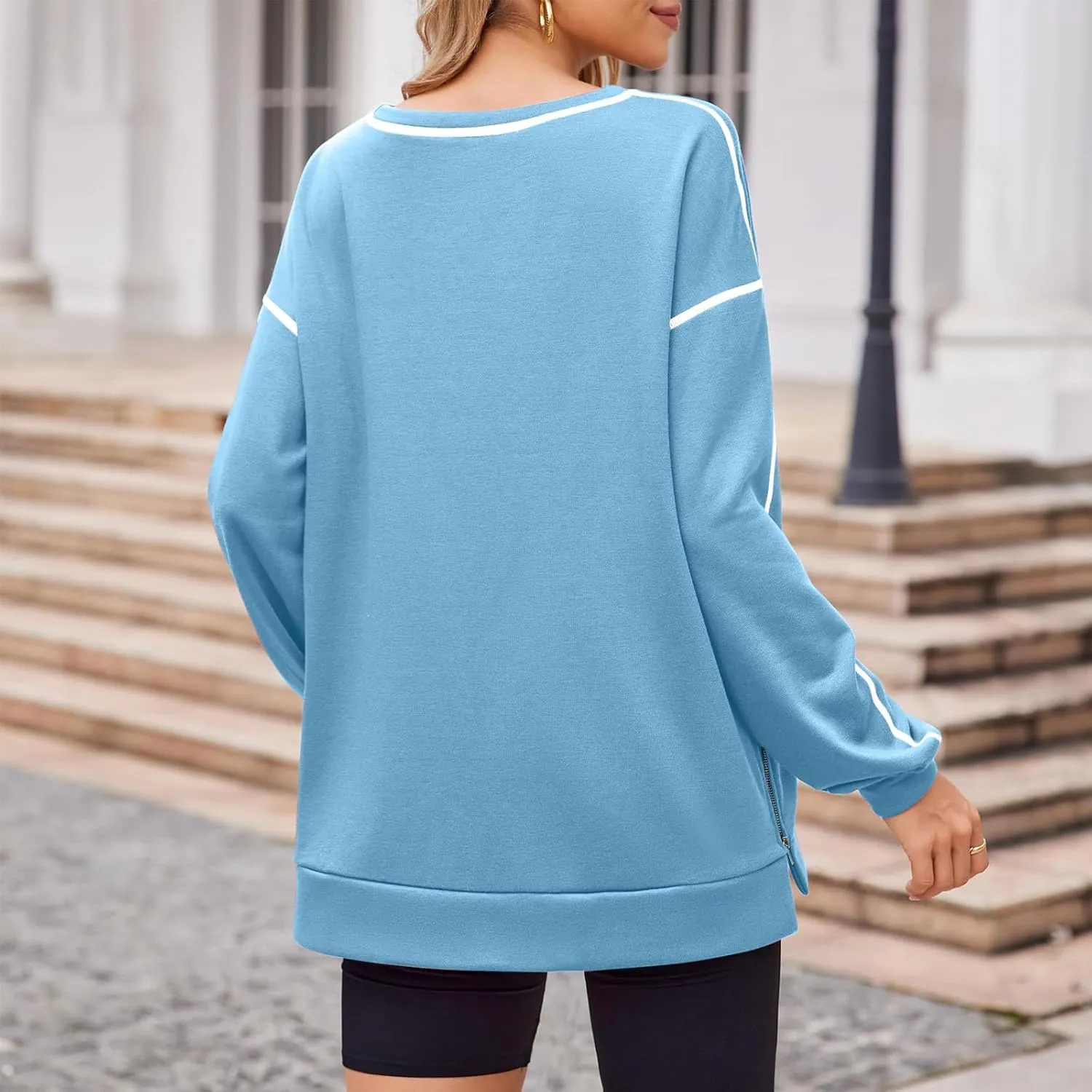 Women's Side Zipper Oversize Sweatshirts Crewneck Pullover Trendy Solid Color Long Sleeve Casual Soft Sweatshirt Tops
