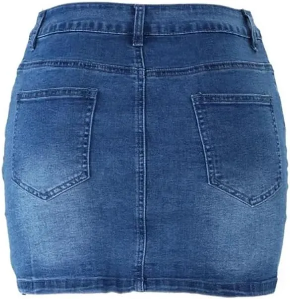 Women's Single-Breasted Splicing Denim Mini Skirts Summer Wrap Hip Slim Office Denim Skirts