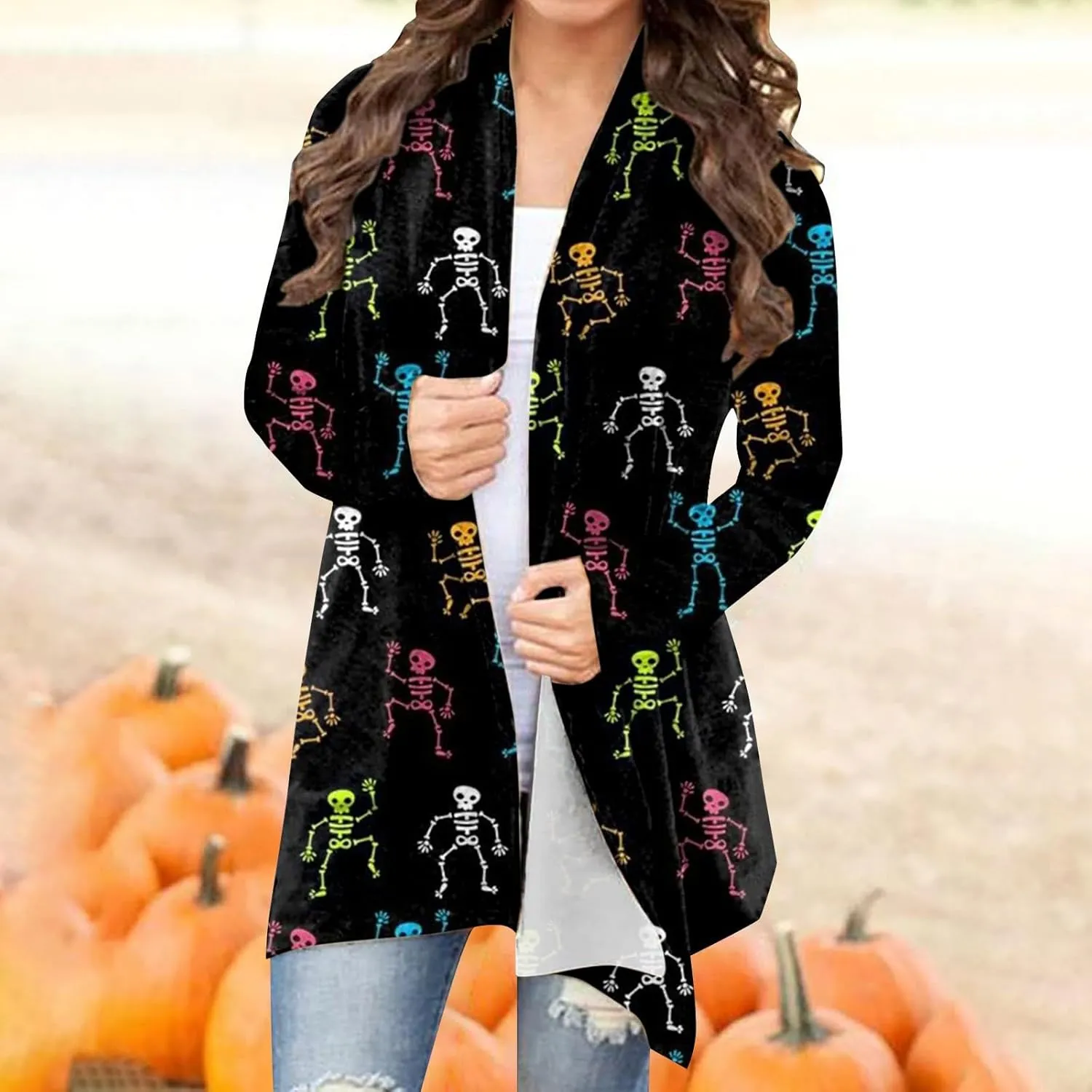 Womens Skull Print Sweater Cardigan Lightweight Soft Knit Cardigan Sweater Chunky Cardigan Batwing Long Sleeve Coat