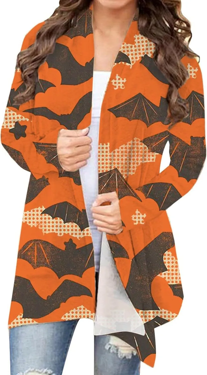 Womens Skull Print Sweater Cardigan Lightweight Soft Knit Cardigan Sweater Chunky Cardigan Batwing Long Sleeve Coat
