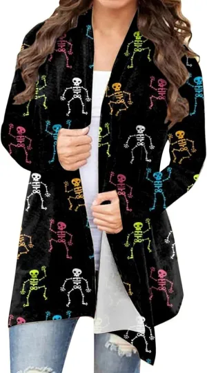 Womens Skull Print Sweater Cardigan Lightweight Soft Knit Cardigan Sweater Chunky Cardigan Batwing Long Sleeve Coat