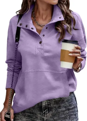 Women's Snaps Henley Sweatshirt Casual High Neck Long Sleeve Sweaters with Pocket Lightweight Pullover Tops