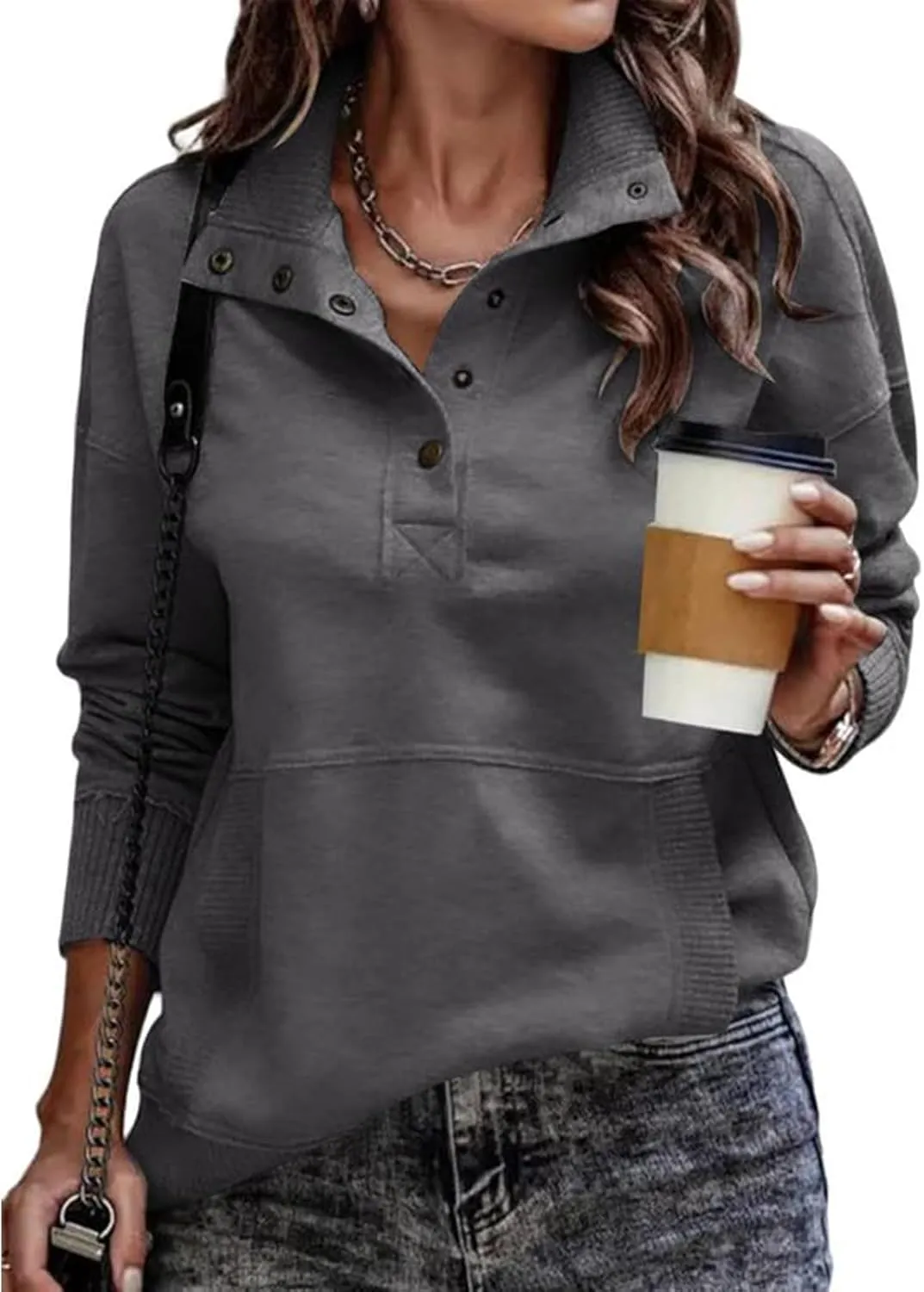 Women's Snaps Henley Sweatshirt Casual High Neck Long Sleeve Sweaters with Pocket Lightweight Pullover Tops