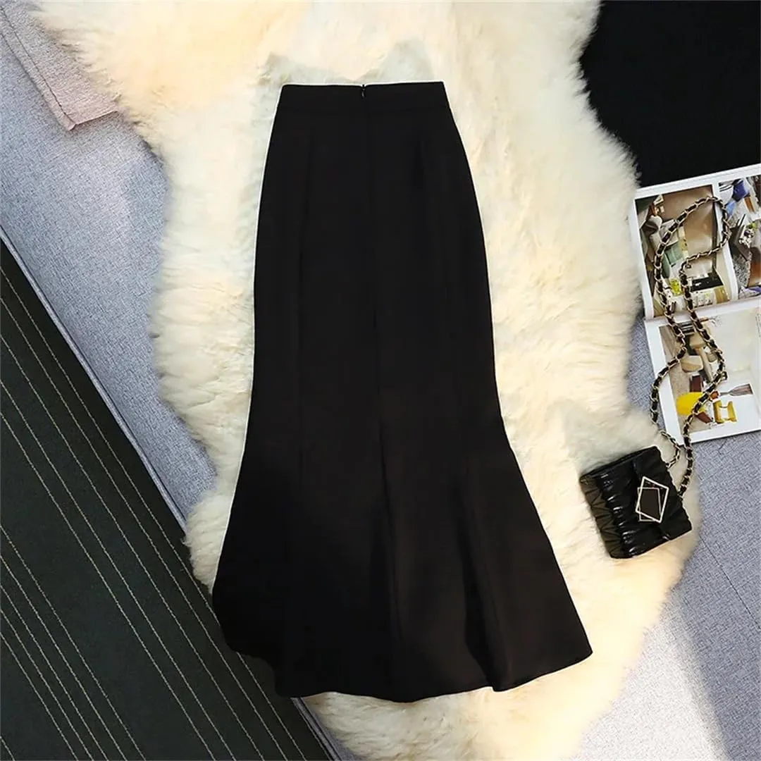 Womens Spring Summer Mermaid Skirts High Waist Front Split Workwear A-Line Black Skirts