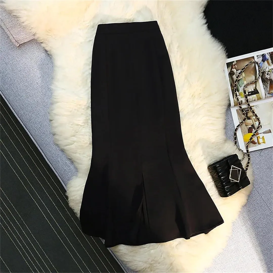 Womens Spring Summer Mermaid Skirts High Waist Front Split Workwear A-Line Black Skirts