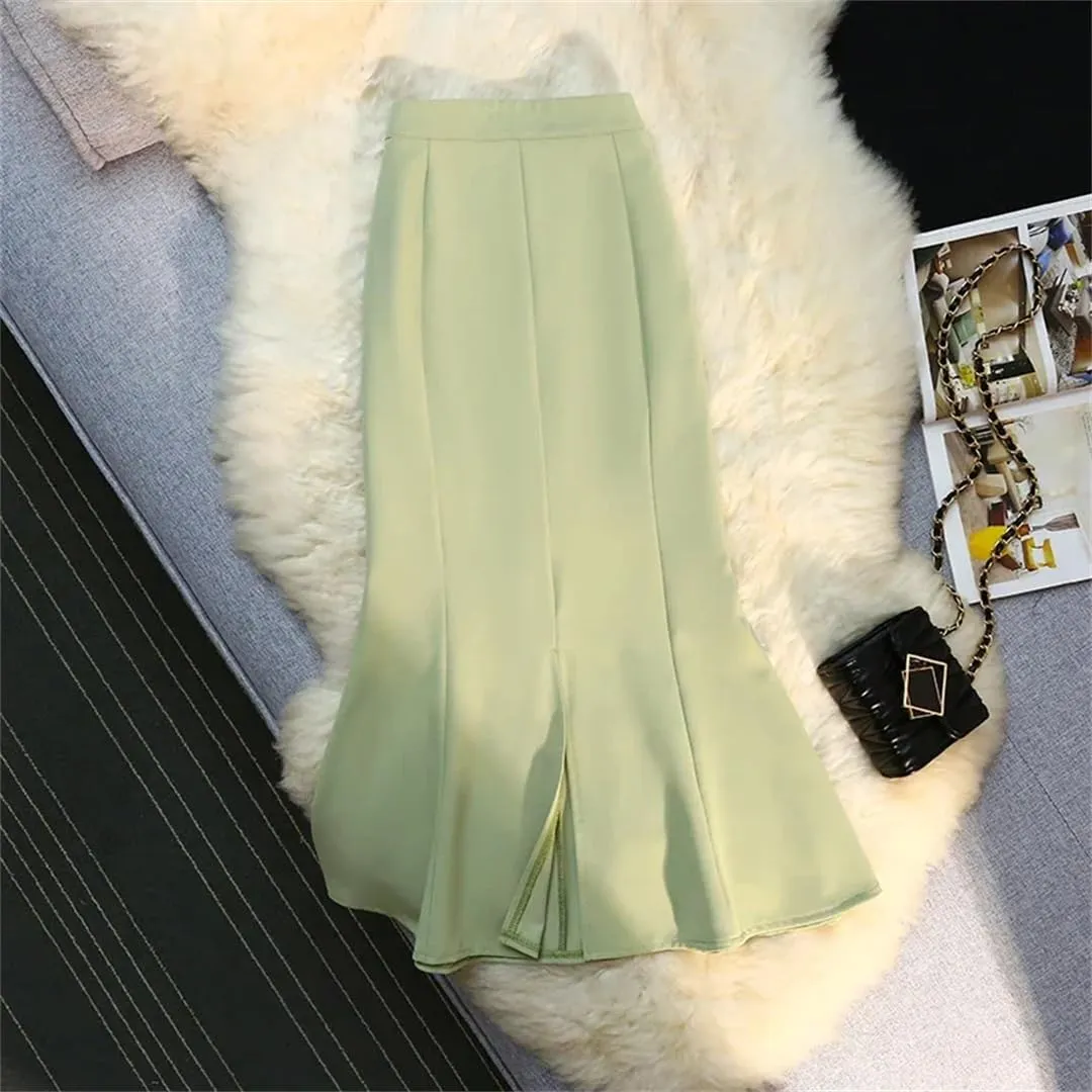Womens Spring Summer Mermaid Skirts High Waist Front Split Workwear A-Line Black Skirts