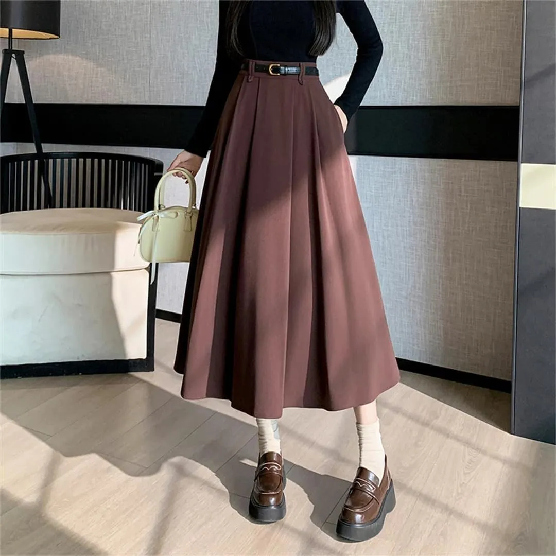 Women's Spring Summer Vintage Office Umbrella Skirts High Waist Solid Loose A-Line Skirts