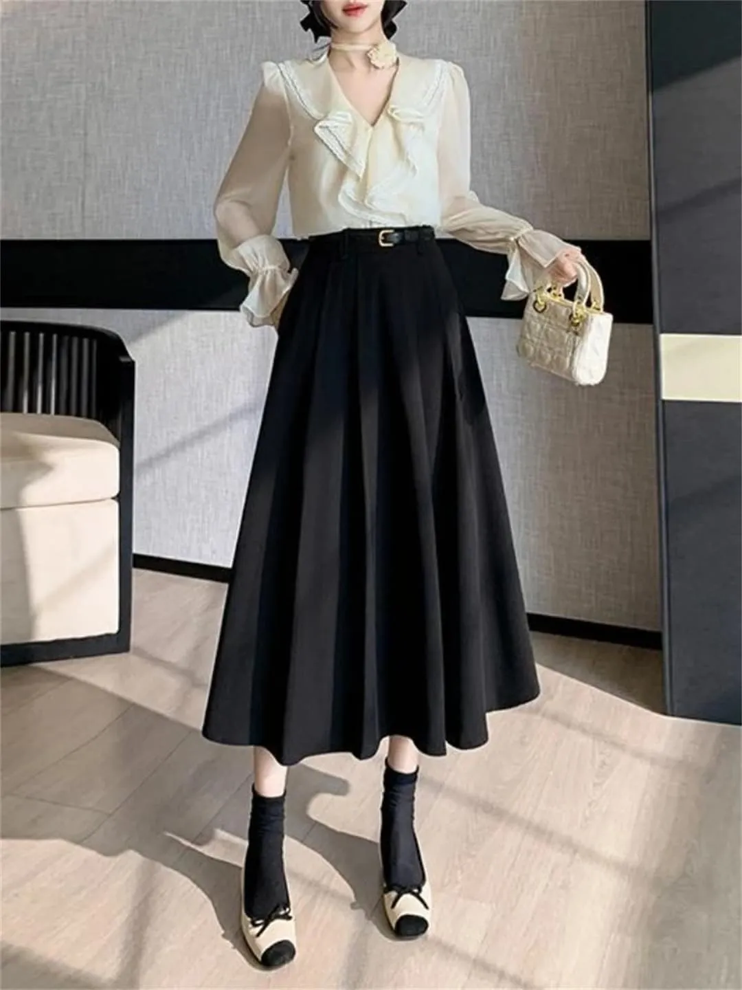 Women's Spring Summer Vintage Office Umbrella Skirts High Waist Solid Loose A-Line Skirts