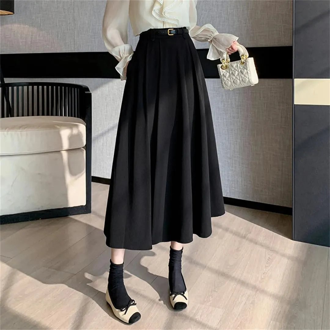 Women's Spring Summer Vintage Office Umbrella Skirts High Waist Solid Loose A-Line Skirts