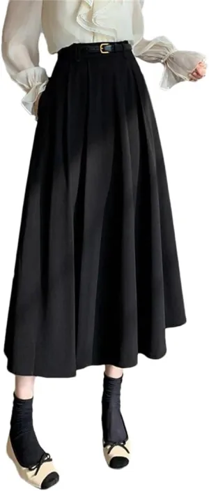 Women's Spring Summer Vintage Office Umbrella Skirts High Waist Solid Loose A-Line Skirts