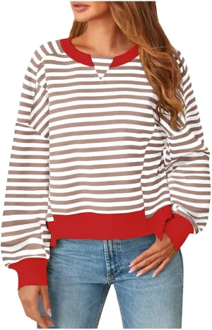 Womens Striped Cropped Sweatshirt Casual Long Sleeve Pullover Shirts Color Block Trendy Fall Clothing Cute Tunic Tops