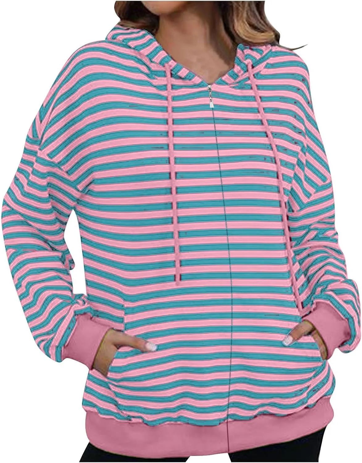 Womens Striped Hoodies Casual Long Sleeve Full Zip Up Hooded Sweatshirt Color Block Fall Fashion Lightweight Jackets