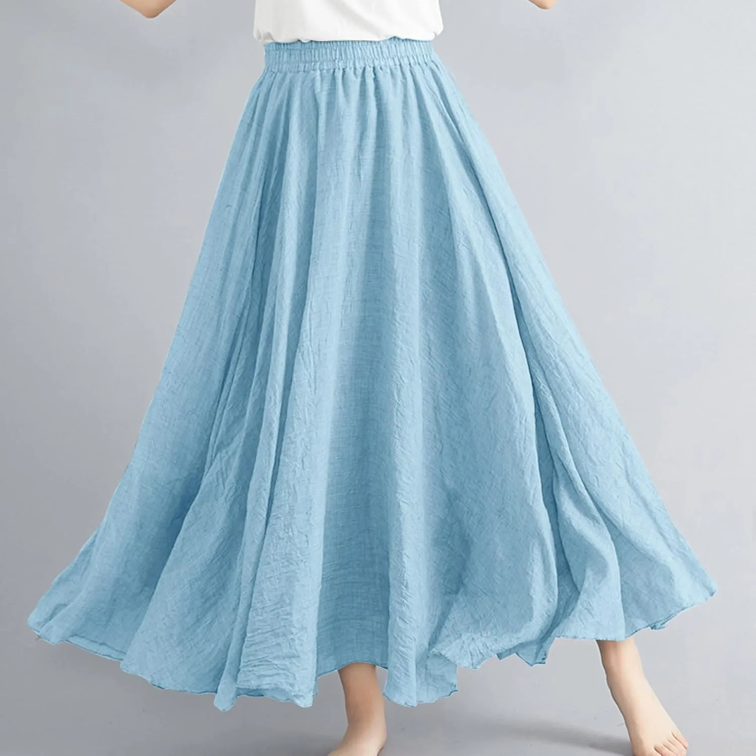 Women's Summer Boho Linen Maxi Skirts Flowy Swing A-Line Skirt Fashion Trendy Elastic Waist Pleated Long Beach Dress