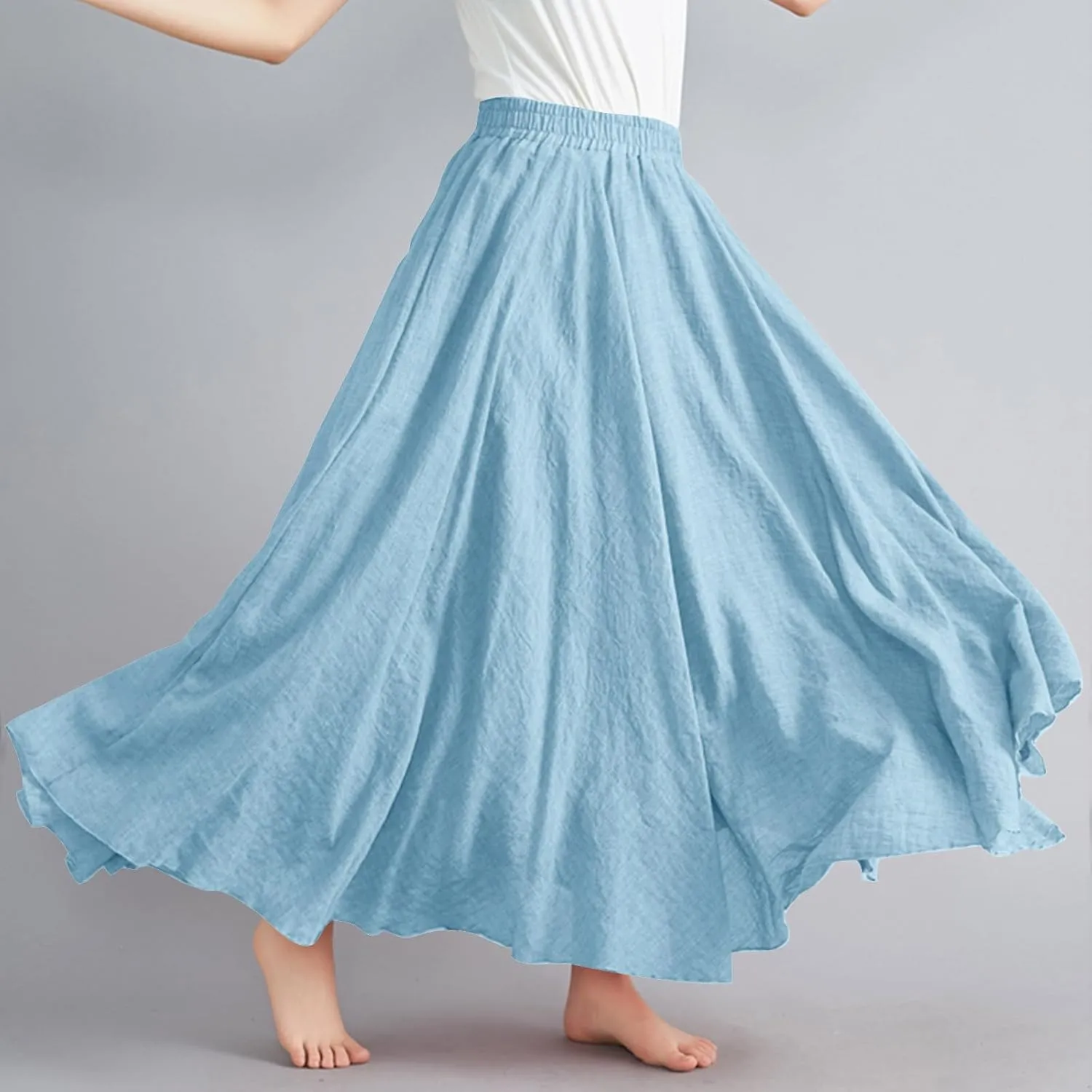 Women's Summer Boho Linen Maxi Skirts Flowy Swing A-Line Skirt Fashion Trendy Elastic Waist Pleated Long Beach Dress