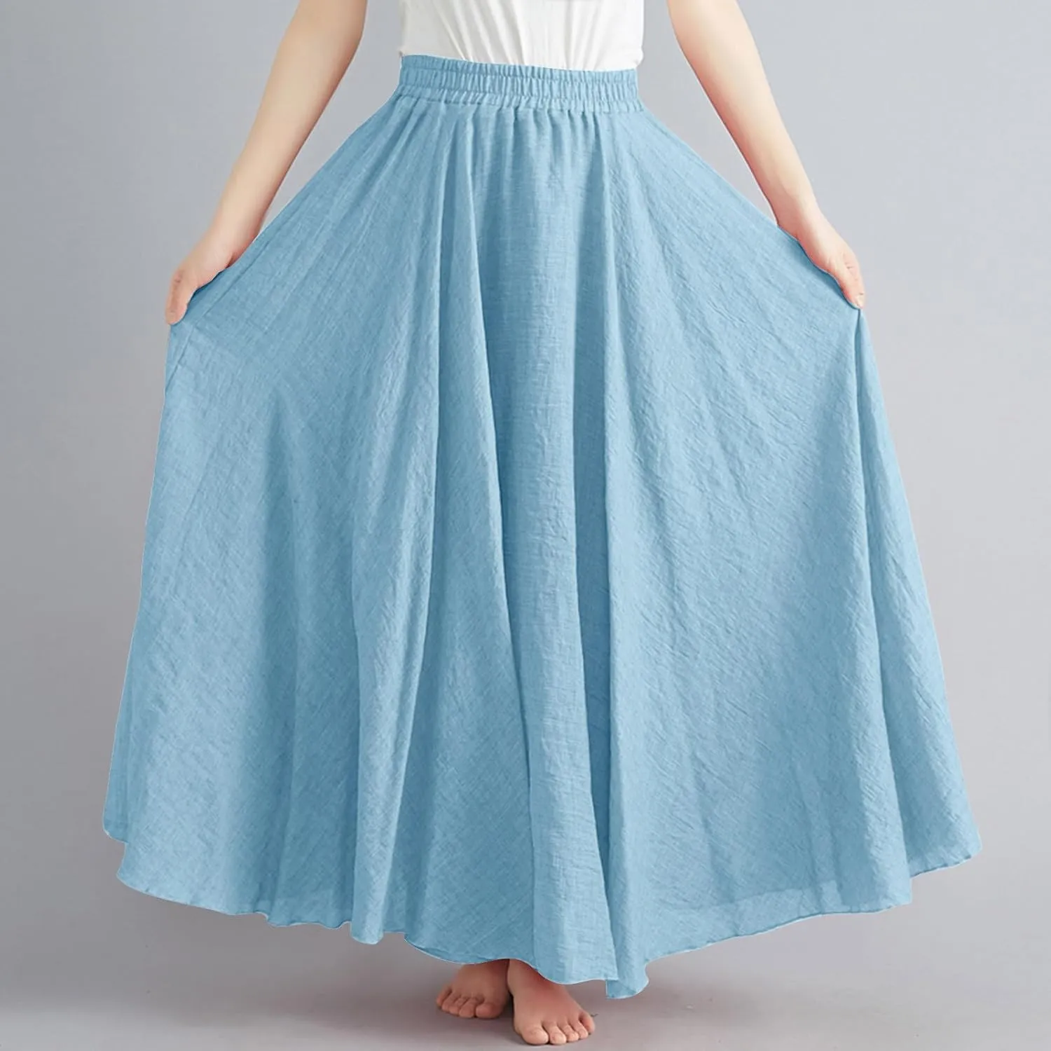 Women's Summer Boho Linen Maxi Skirts Flowy Swing A-Line Skirt Fashion Trendy Elastic Waist Pleated Long Beach Dress