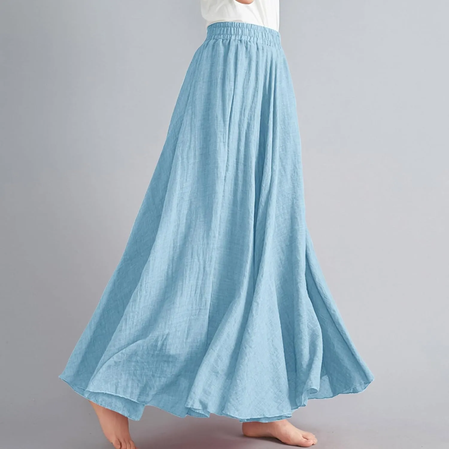 Women's Summer Boho Linen Maxi Skirts Flowy Swing A-Line Skirt Fashion Trendy Elastic Waist Pleated Long Beach Dress