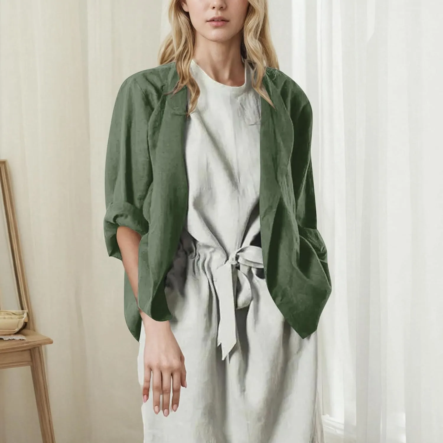 Womens Summer Cotton Linen Cardigans Lightweight Coverup Casual Loose Long Sleeve Open Front Shirt Tops Beach Cover Ups