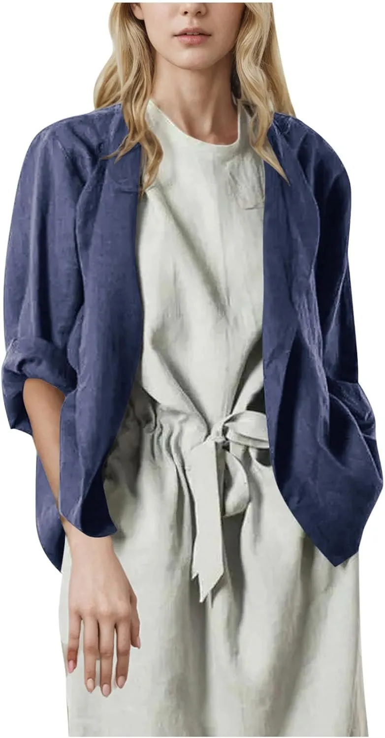Womens Summer Cotton Linen Cardigans Lightweight Coverup Casual Loose Long Sleeve Open Front Shirt Tops Beach Cover Ups