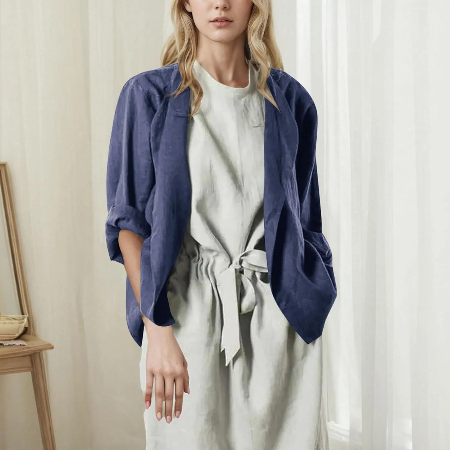 Womens Summer Cotton Linen Cardigans Lightweight Coverup Casual Loose Long Sleeve Open Front Shirt Tops Beach Cover Ups