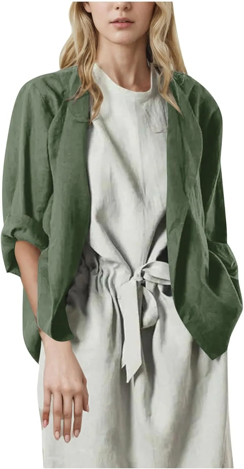 Womens Summer Cotton Linen Cardigans Lightweight Coverup Casual Loose Long Sleeve Open Front Shirt Tops Beach Cover Ups