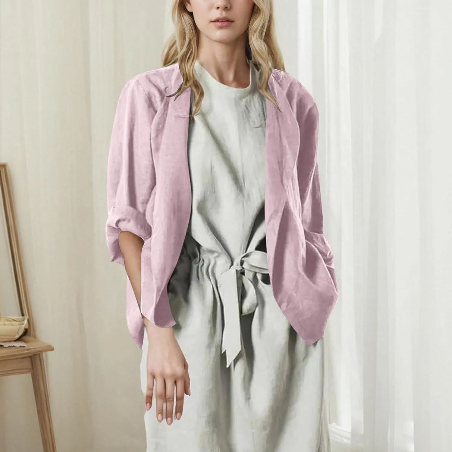 Womens Summer Cotton Linen Cardigans Lightweight Coverup Casual Loose Long Sleeve Open Front Shirt Tops Beach Cover Ups