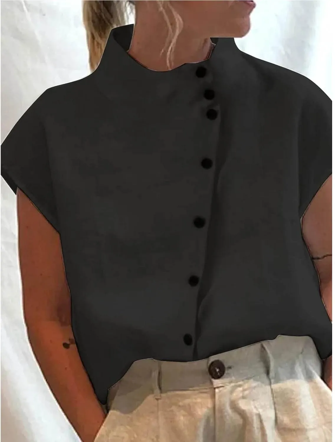 Womens Summer Cotton Linen Tops Cap Sleeve Mock Neck Casual Loose Fit Blouses Hollow Out Comfy Tshirts Shirts