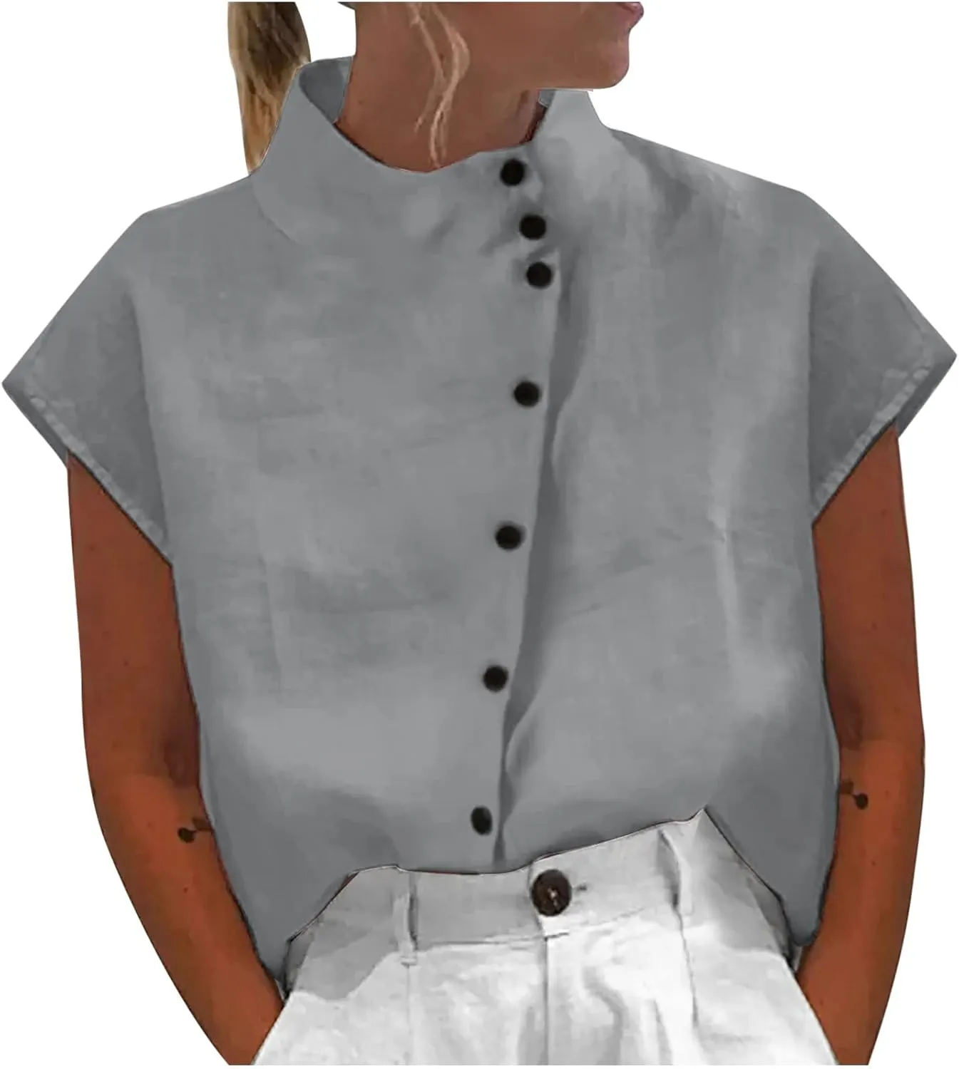 Womens Summer Cotton Linen Tops Cap Sleeve Mock Neck Casual Loose Fit Blouses Hollow Out Comfy Tshirts Shirts