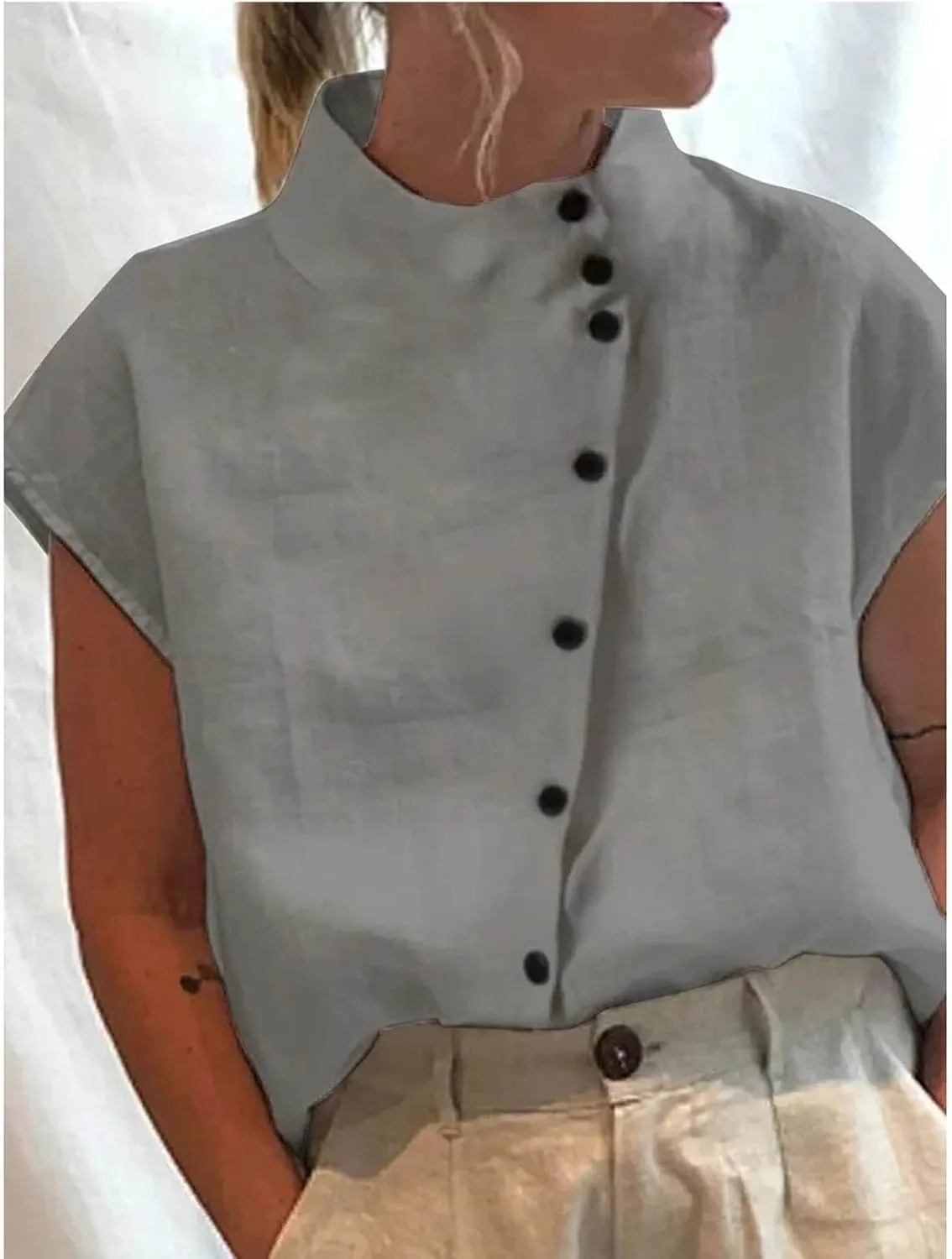 Womens Summer Cotton Linen Tops Cap Sleeve Mock Neck Casual Loose Fit Blouses Hollow Out Comfy Tshirts Shirts