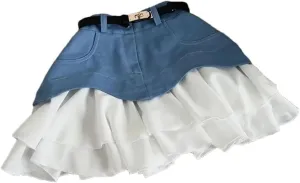 Women's Summer High Waist A Line Washed Denim Mini Skirts Ruffle Patchwork Denim Skirts