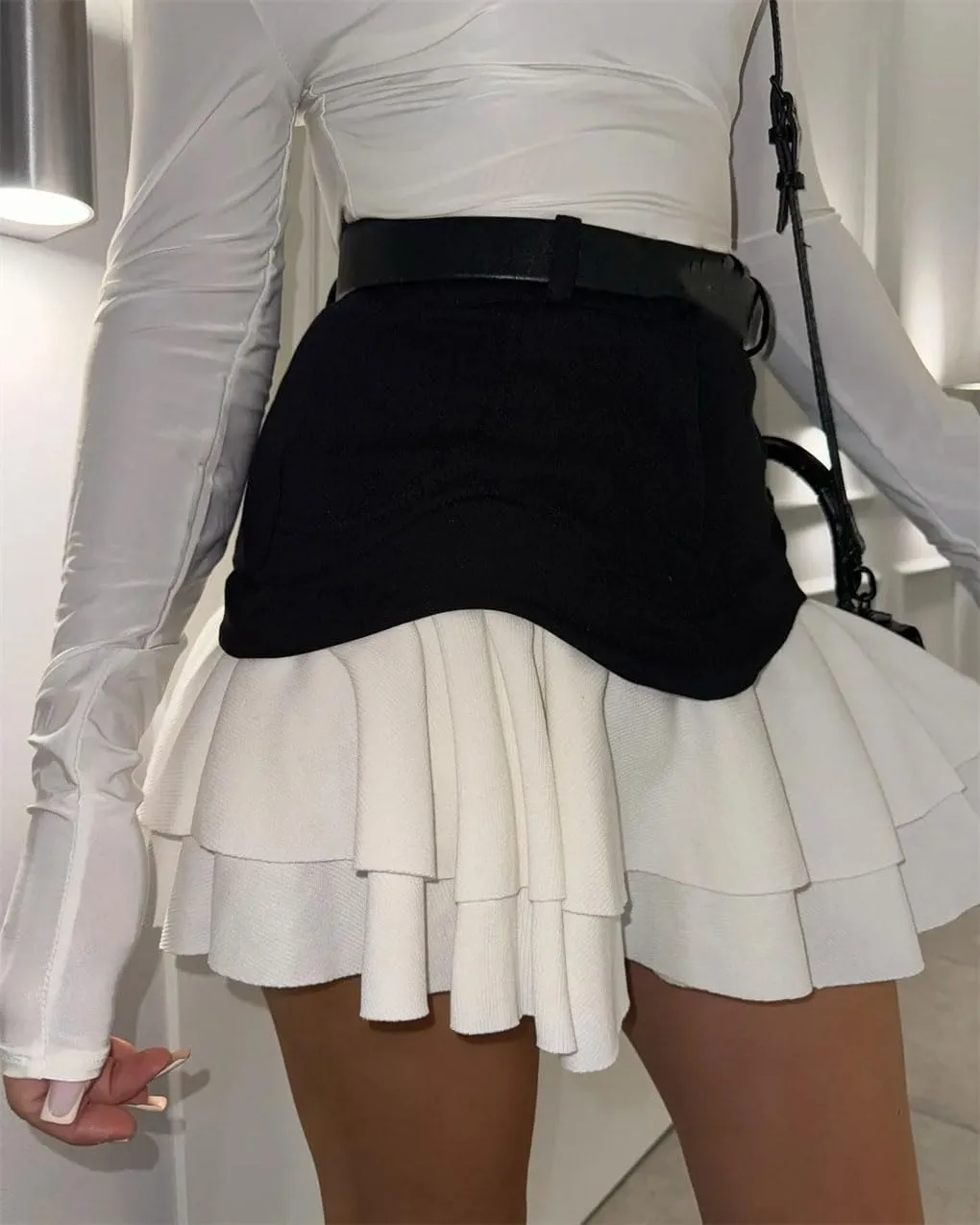 Women's Summer High Waist A Line Washed Denim Mini Skirts Ruffle Patchwork Denim Skirts