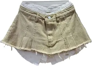 Women's Summer High Waist Pleated Denim Mini Skirts Patchwork Contrast A-Line Denim Skirts
