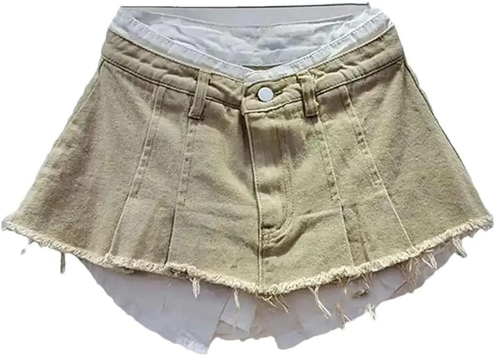Women's Summer High Waist Pleated Denim Mini Skirts Patchwork Contrast A-Line Denim Skirts