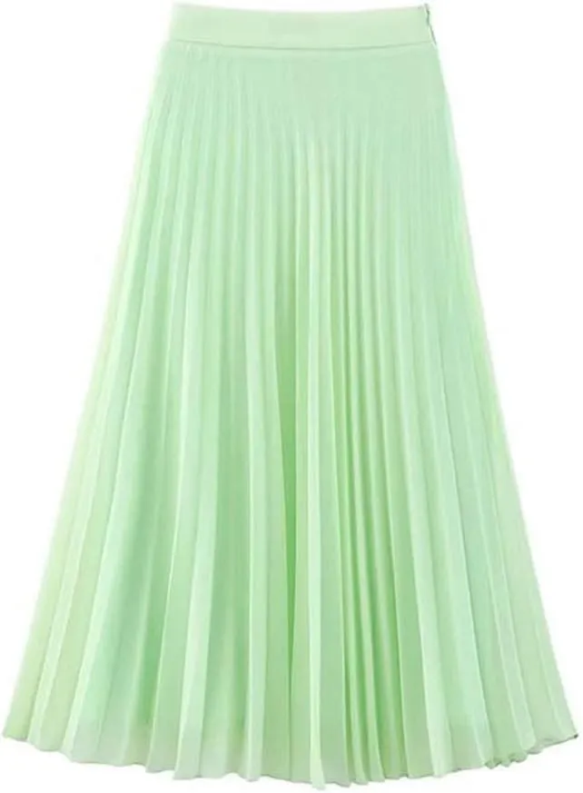 Women's Summer Pleated Skirts Casual Side Zipper High Waist A-Line Solid Long Skirts
