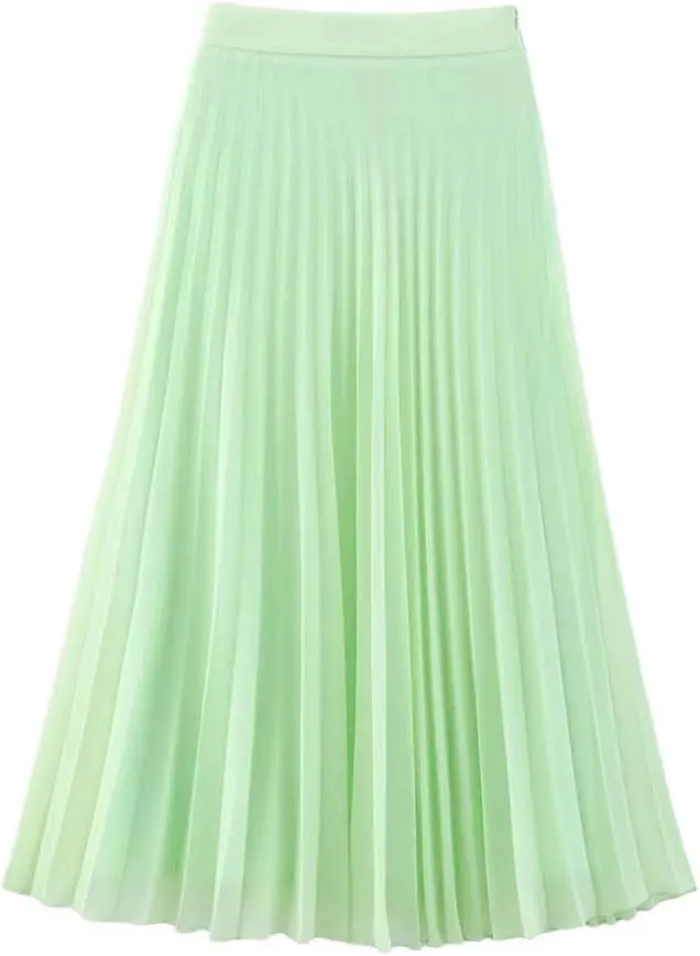 Women's Summer Pleated Skirts Casual Side Zipper High Waist A-Line Solid Long Skirts