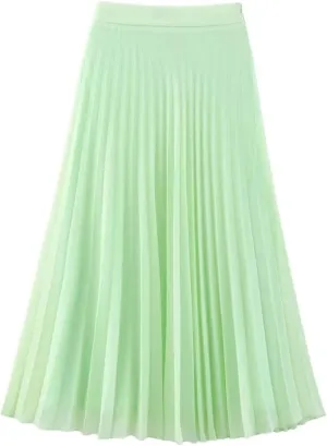 Women's Summer Pleated Skirts Casual Side Zipper High Waist A-Line Solid Long Skirts