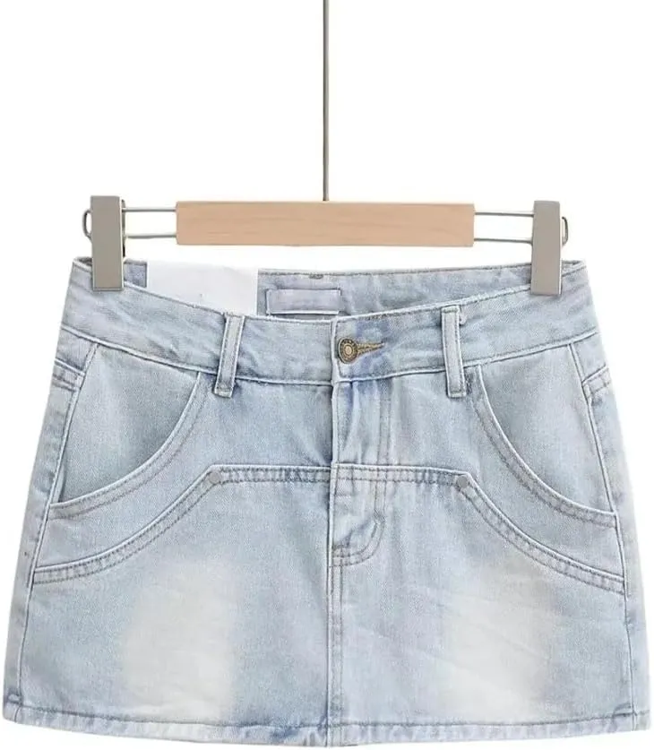 Women's Summer Sexy Slim Denim Mini Skirts High Waist Wrap Hip Denim Skirts with Pocket