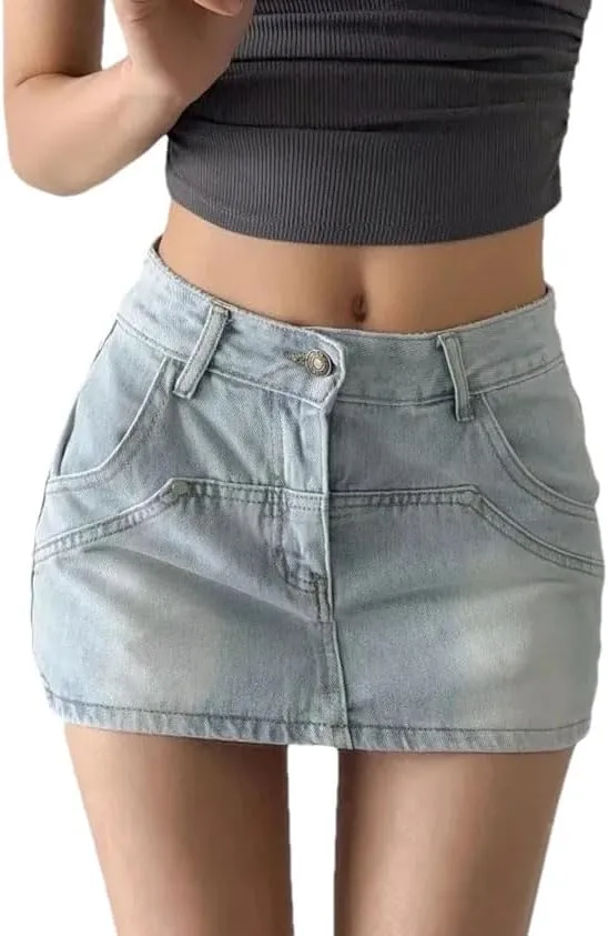 Women's Summer Sexy Slim Denim Mini Skirts High Waist Wrap Hip Denim Skirts with Pocket