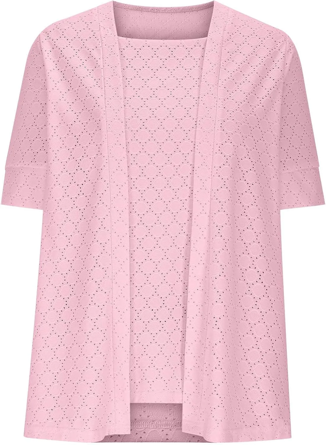 Womens Summer Tops Casual Eyelet Breathable Comfy Fake Two-Piece Spliced T-Shirts Boat Neck Short Sleeves Tees