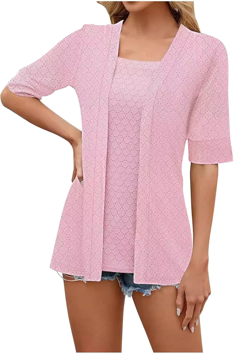 Womens Summer Tops Casual Eyelet Breathable Comfy Fake Two-Piece Spliced T-Shirts Boat Neck Short Sleeves Tees