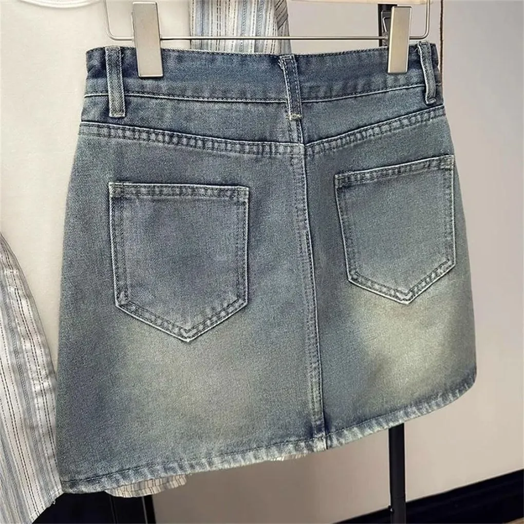 Women's Summer Vintage Denim Mini Skirts Korean High Waisted Slim Denim A- Line Skirts