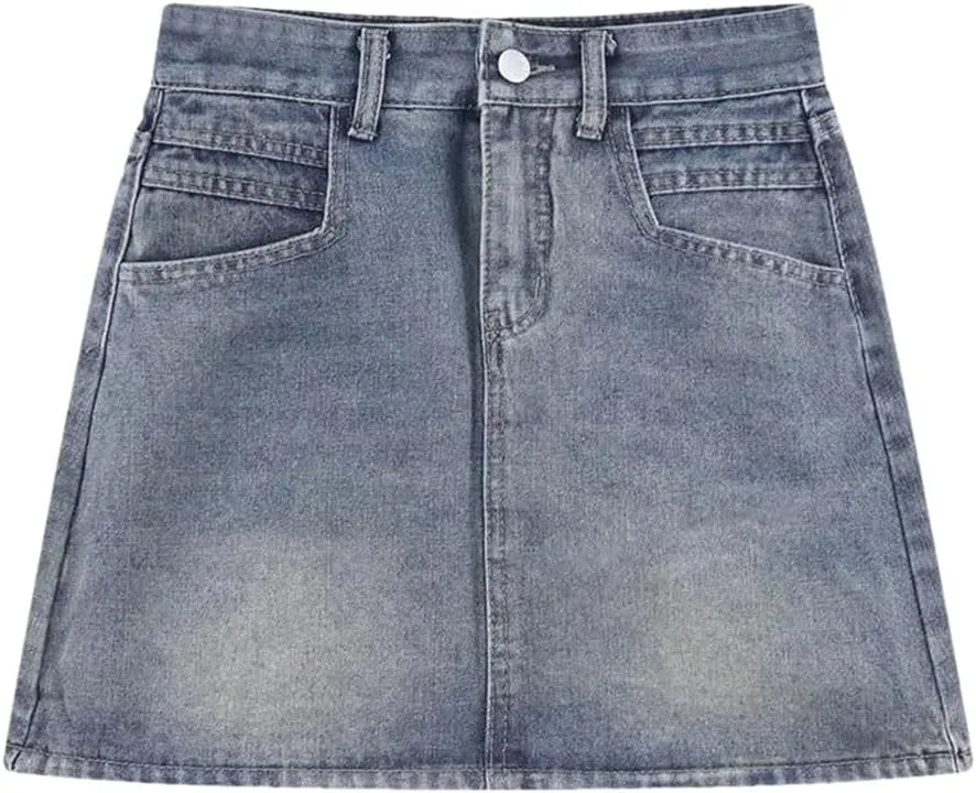 Women's Summer Vintage Denim Mini Skirts Korean High Waisted Slim Denim A- Line Skirts