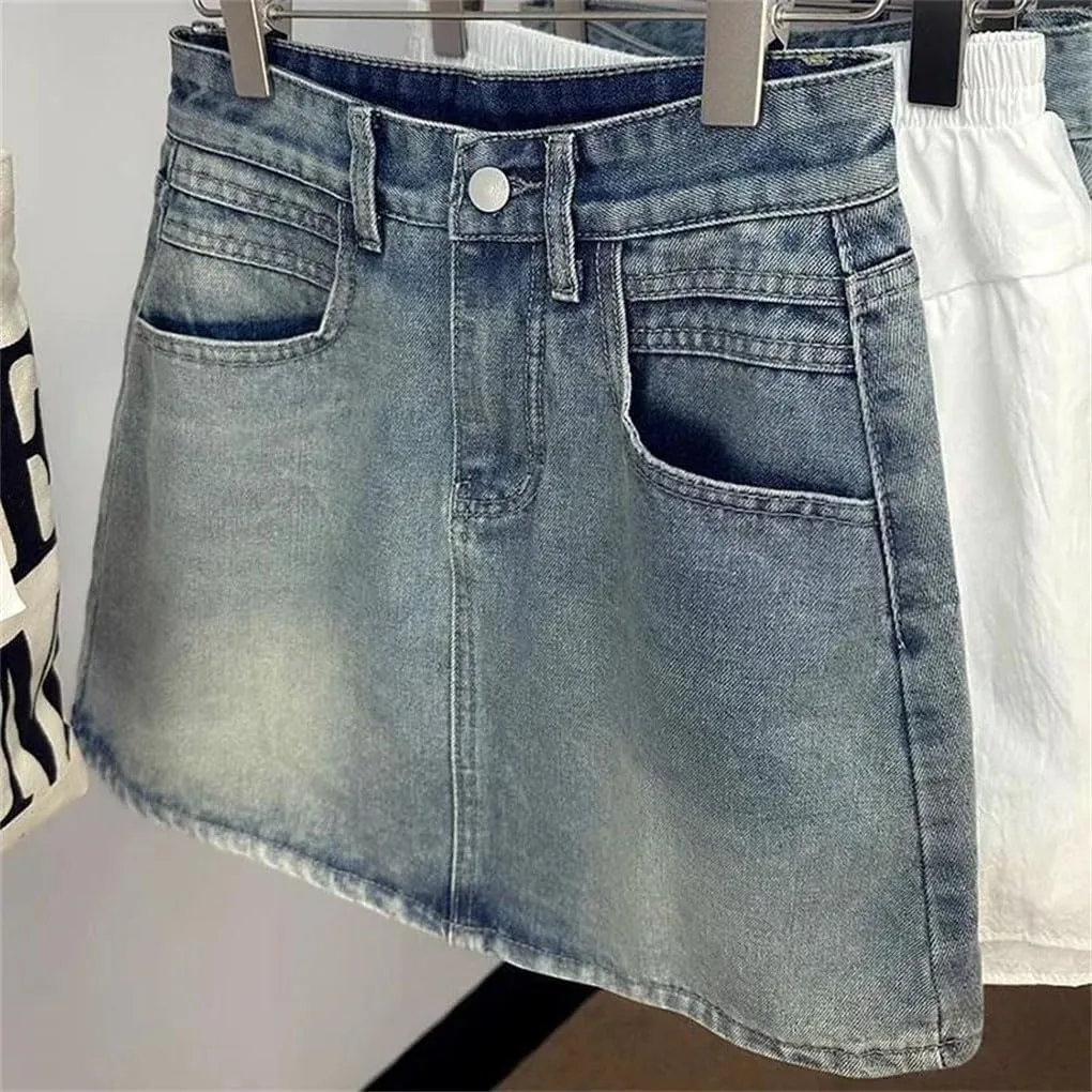 Women's Summer Vintage Denim Mini Skirts Korean High Waisted Slim Denim A- Line Skirts
