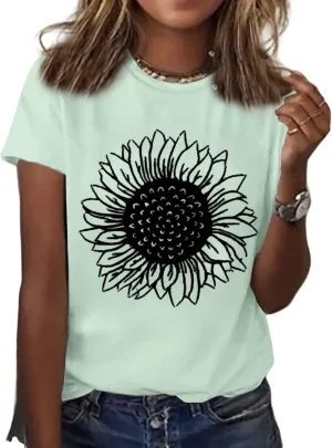 Womens Sunflower T Shirt Summer Novelty Cute Flower Graphic Loose Fit Tees Classic Crew Neck Short Sleeve Casual Tops