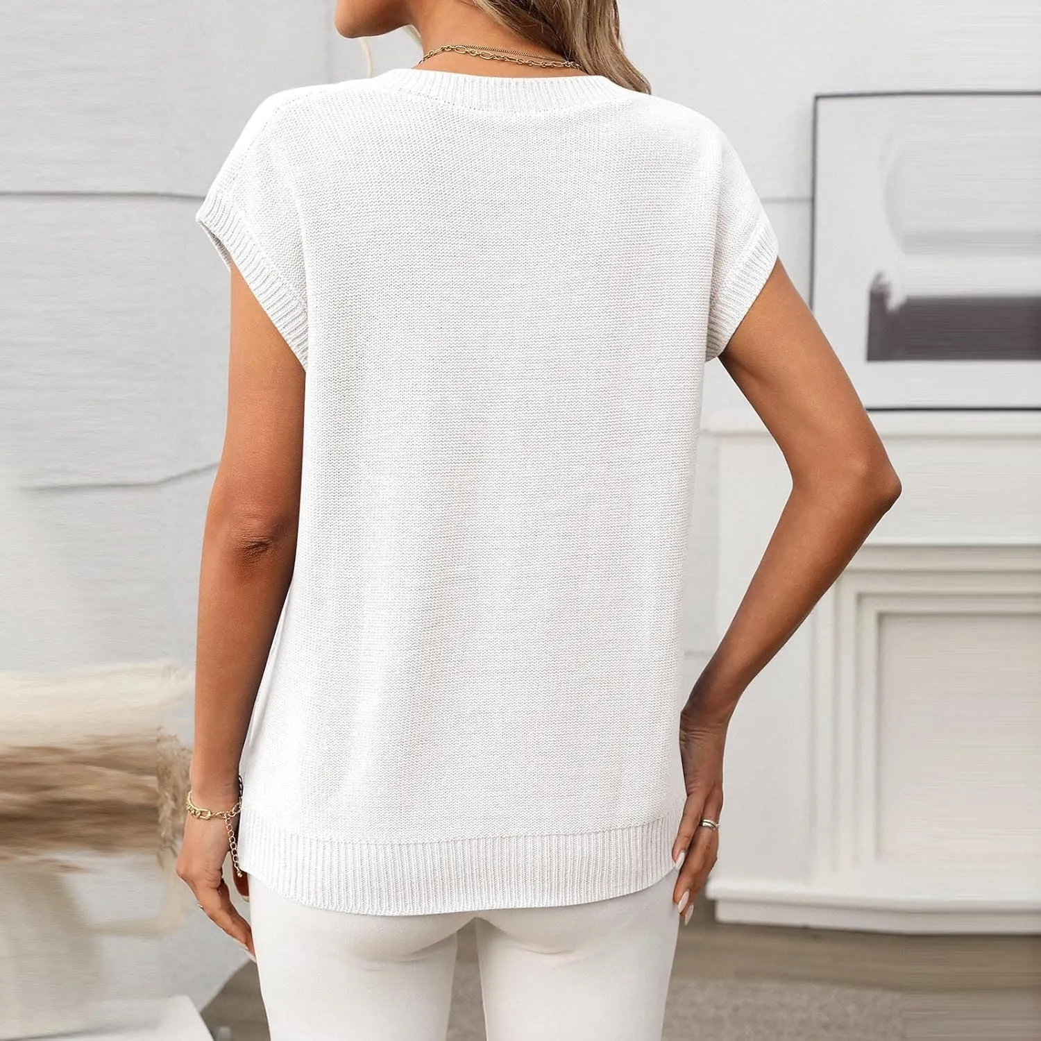 Womens Sweater Vest 2025 Summer V Neck Casual Cap Sleeve Shirts Loose Comfy Soft Cable Knit Pullover Tops Tunic Blouse