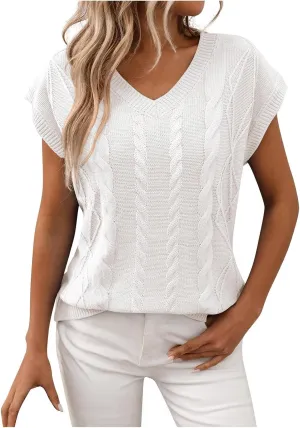 Womens Sweater Vest 2025 Summer V Neck Casual Cap Sleeve Shirts Loose Comfy Soft Cable Knit Pullover Tops Tunic Blouse