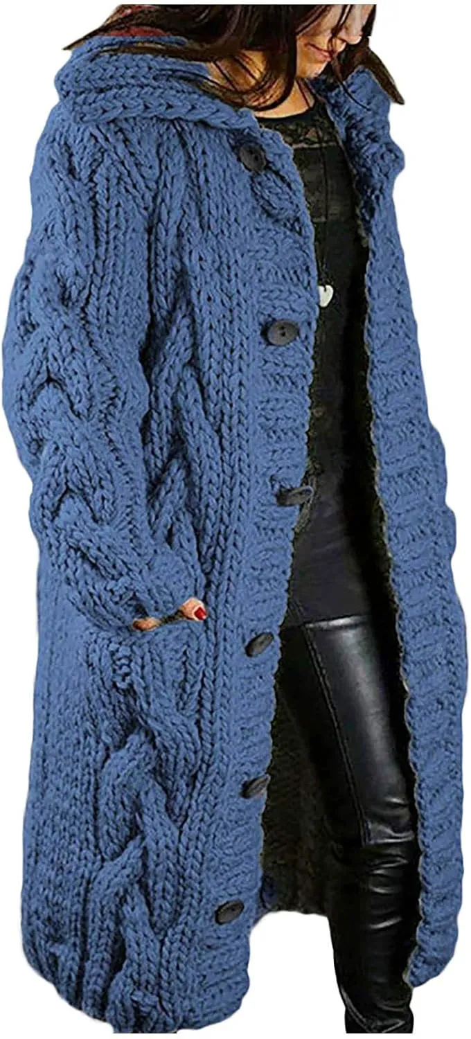 Womens Sweaters 2024 Fall Winter Trendy Long Cardigans Cable Knitted Open Front Oversized Hooded Outerwear Coat