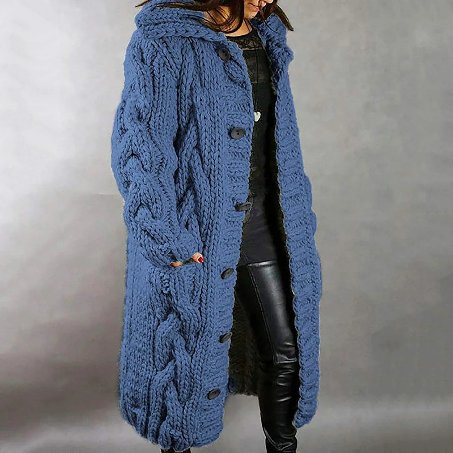 Womens Sweaters 2024 Fall Winter Trendy Long Cardigans Cable Knitted Open Front Oversized Hooded Outerwear Coat